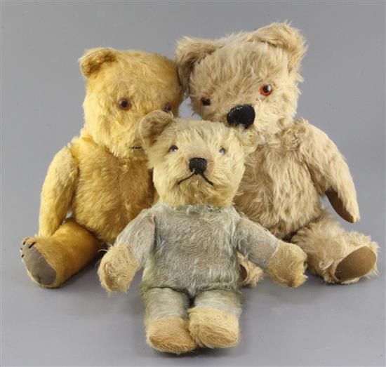 A 1960s Merrythought bear and two English bears, tallest 15in.